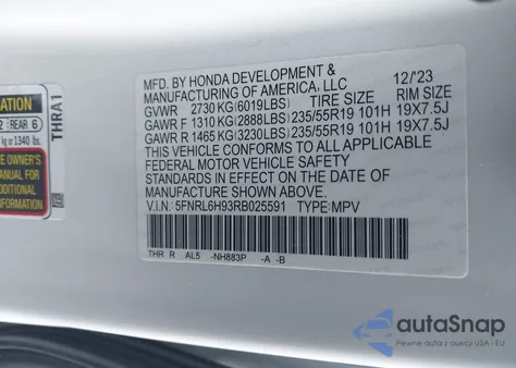 2024 Honda Odyssey Elite из США, поврежденный, VIN 5FNRL6H93RB025591